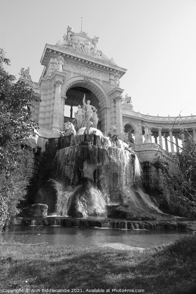 Waterfall at Palais Longchamp in monochrome - blac Picture Board by Ann Biddlecombe