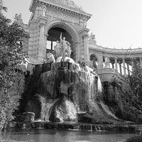 Buy canvas prints of Waterfall at Palais Longchamp in monochrome - blac by Ann Biddlecombe