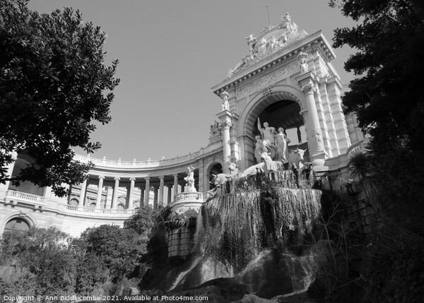 Waterfall at Palais Longchamp in black and white Picture Board by Ann Biddlecombe