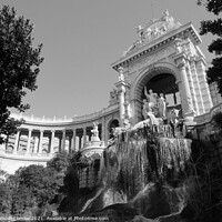 Buy canvas prints of Waterfall at Palais Longchamp in black and white by Ann Biddlecombe