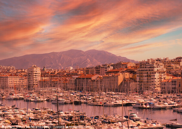 Red sky in Marseille harbor cityscape Picture Board by Ann Biddlecombe