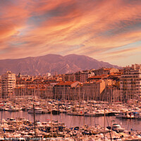 Buy canvas prints of Red sky in Marseille harbor cityscape by Ann Biddlecombe