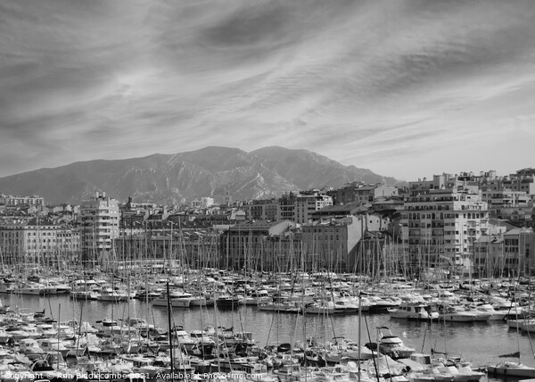 Red sky in Marseille harbor in monochrome Picture Board by Ann Biddlecombe