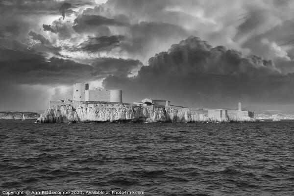 The Chateau d'If  under stormy skys in monochrome Picture Board by Ann Biddlecombe