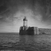 Buy canvas prints of Guernsey Lighthouse from the sea in black and whit by Ann Biddlecombe