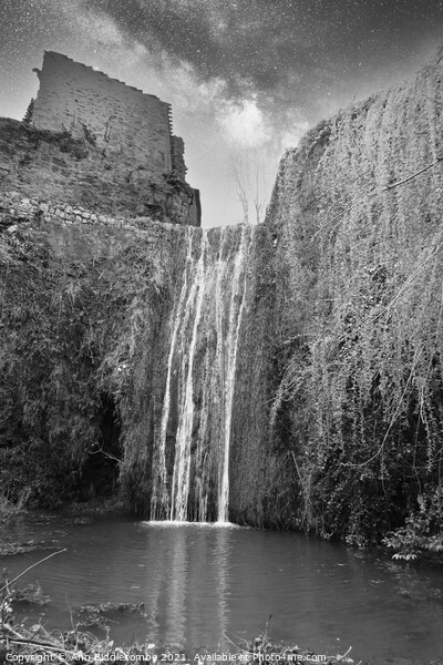 Waterfall at Saint-Guilhem-le-Désert in black and white Picture Board by Ann Biddlecombe