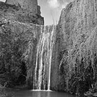 Buy canvas prints of Waterfall at Saint-Guilhem-le-Désert in black and white by Ann Biddlecombe