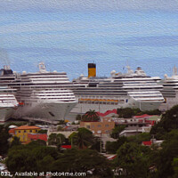 Buy canvas prints of Cruise ships in Antigua with oil paint effect by Ann Biddlecombe