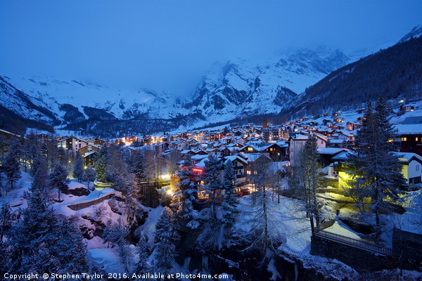 Saas Fee resort at night Picture Board by Stephen Taylor