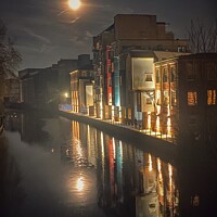 Buy canvas prints of Pink Moon on the Wensum, Norwich by Sally Lloyd