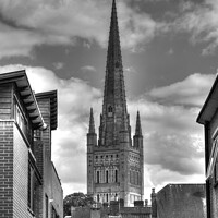 Buy canvas prints of Norwich Cathedral Spire in black and white by Sally Lloyd