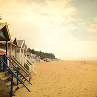 Buy canvas prints of Beach huts vintage style. by Sally Lloyd