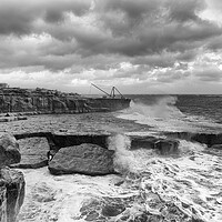Buy canvas prints of Storm waves at Portland Bill in monochrome by Mark Godden