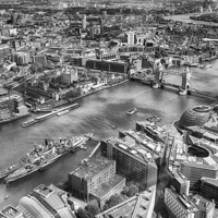 Buy canvas prints of Tower Bridge from The Shard in mono  by Mark Godden
