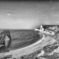 Buy canvas prints of Durdle Door and Bat's Head in mono.  by Mark Godden