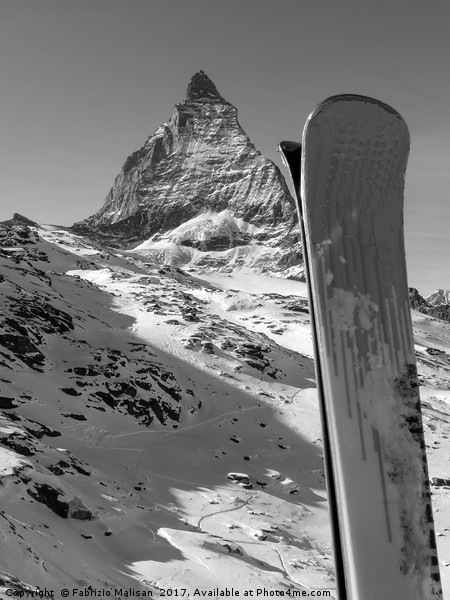Ski Matterhorn Zermatt mountain peak in black and  Picture Board by Fabrizio Malisan