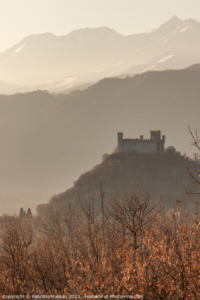 The Castle on the hill winter sunset Montalto Dora in Piedmont Italy Picture Board by Fabrizio Malisan