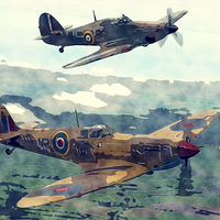 Buy canvas prints of Spitfire And Hurricane Water Color And Sketch by Tanya Hall