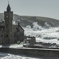 Buy canvas prints of Porthleven Church and Sea Front in the Grip of Sto by Philip Hodges aFIAP ,