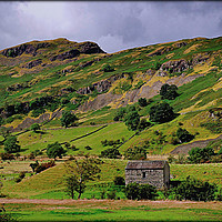 Buy canvas prints of "Stone Barn beneath the mountains near Thirlmere" by ROS RIDLEY