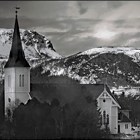 Buy canvas prints of "Misty Sortland Kirke" by ROS RIDLEY