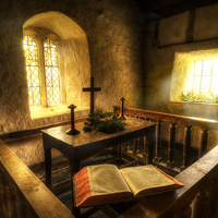 Buy canvas prints of  A bible at the altar at Llanrhychwyn Church by Mal Bray