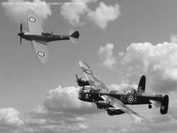 Lancaster bomber and blue spitfire in black & whit Picture Board by Andrew Heaps