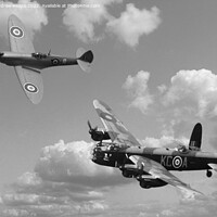 Buy canvas prints of Lancaster bomber and blue spitfire in black & whit by Andrew Heaps