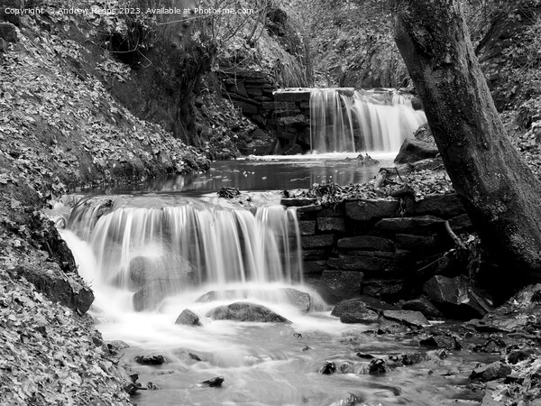 Winter scene of waterfall stream slow shutter blac Picture Board by Andrew Heaps