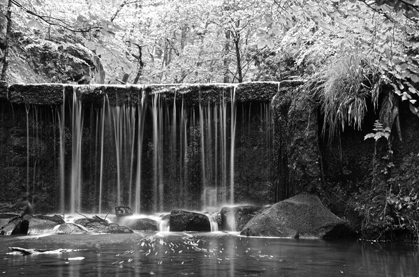 Black and white waterfall at Knypersley resrvoir Framed Print by Andrew Heaps