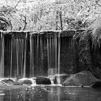 Buy canvas prints of Black and white waterfall at Knypersley resrvoir by Andrew Heaps