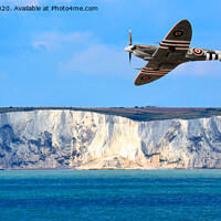 Buy canvas prints of Spitfire plane flying by Dover Cliffs. by Andrew Heaps