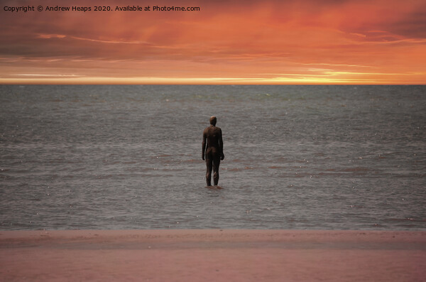 Statue on Crosby beach with a sunset Picture Board by Andrew Heaps
