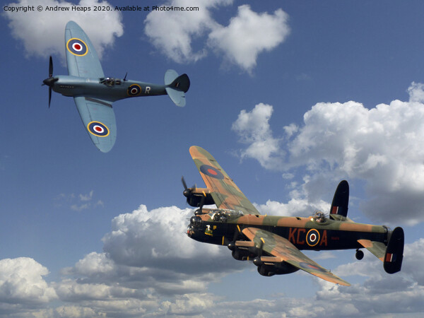 Blue spitfire and a Avro Lancaster Bomber Picture Board by Andrew Heaps