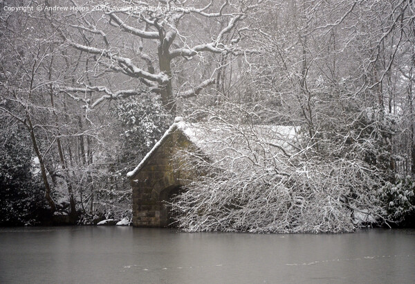 Winter scene boat house at Biddulph Grange Country Picture Board by Andrew Heaps