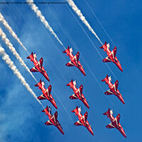 Buy canvas prints of Red Arrows fighter jets flying through a blue sky by Andrew Heaps
