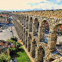 Buy canvas prints of Roman Aqueduct Segovia Spain by Mike Marsden