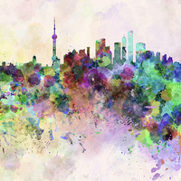Buy canvas prints of Shanghai skyline in watercolor background by Pablo Romero