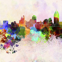 Buy canvas prints of Cincinnati skyline in watercolor background by Pablo Romero