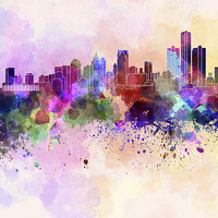 Buy canvas prints of Detroit skyline in watercolor background by Pablo Romero