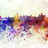 Buy canvas prints of Chicago skyline in watercolor background by Pablo Romero