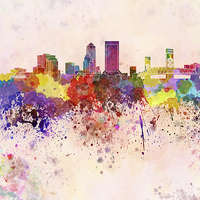 Buy canvas prints of Jacksonville skyline in watercolor background by Pablo Romero