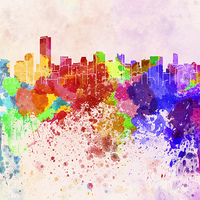 Buy canvas prints of Miami skyline in watercolor background by Pablo Romero