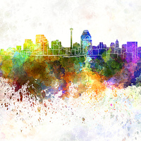 Buy canvas prints of San Antonio skyline in watercolor background by Pablo Romero