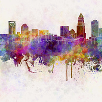 Buy canvas prints of Charlotte skyline in watercolor background by Pablo Romero
