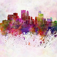 Buy canvas prints of Minneapolis skyline in watercolor background by Pablo Romero