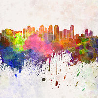 Buy canvas prints of San Diego skyline in watercolor background by Pablo Romero