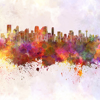 Buy canvas prints of Calgary skyline in watercolor background by Pablo Romero