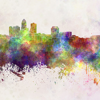 Buy canvas prints of Des Moines skyline in watercolor background by Pablo Romero