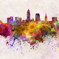 Buy canvas prints of Cleveland skyline in watercolor background by Pablo Romero